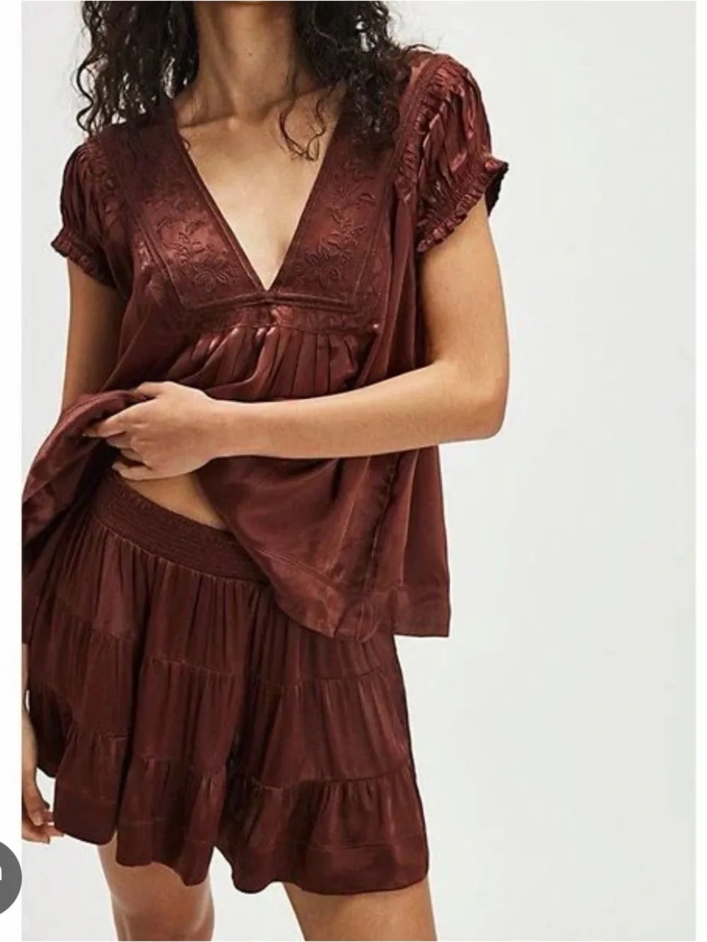 Free People Rivington Skirt Set Brown Sz S Embroidered Cottage Peasant Boho NWT